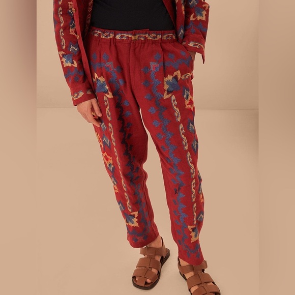 Red Floral Embroidery Jacquard Pants 💯 linen NWT - Picture 1 of 4
